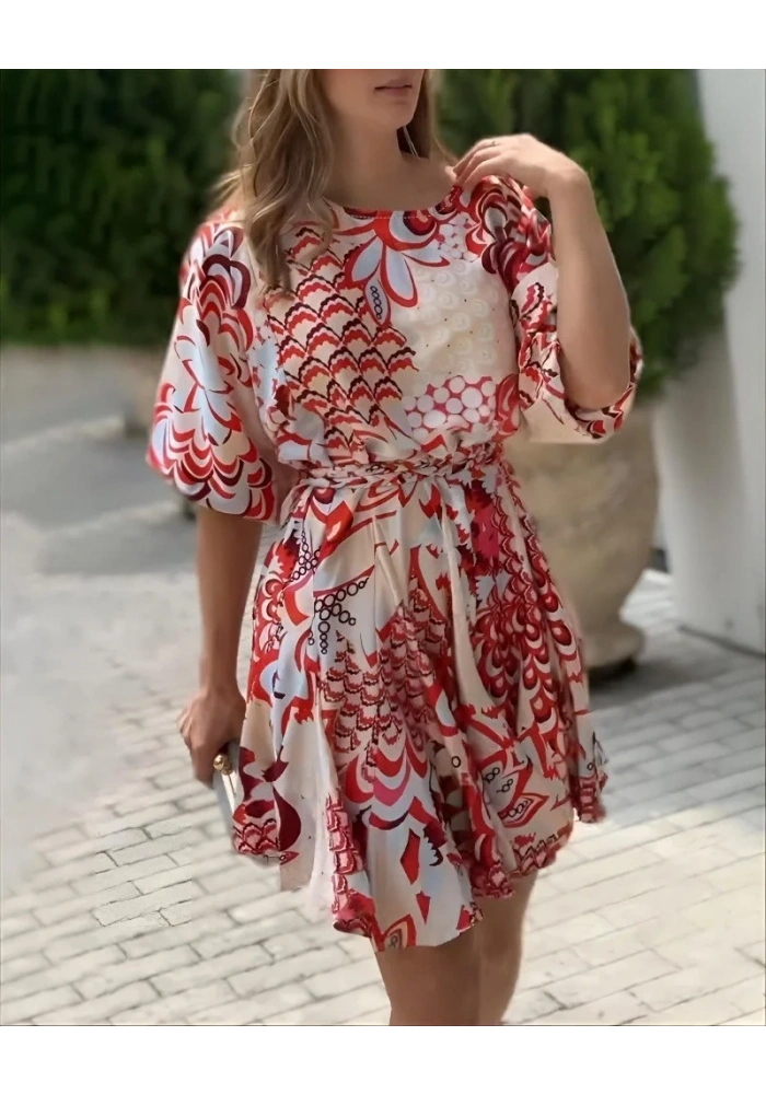 Kadın Kısa Balon Kollu Yuvarlak Yakalı Pileli Desenli Mini Elbise