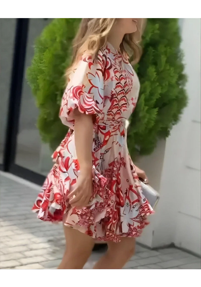 Kadın Kısa Balon Kollu Yuvarlak Yakalı Pileli Desenli Mini Elbise