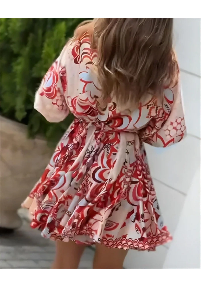 Kadın Kısa Balon Kollu Yuvarlak Yakalı Pileli Desenli Mini Elbise