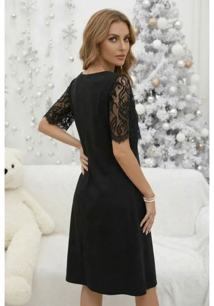 Kadın Kısa Dantel Kollu V Yakalı Midi Viskon Elbise
