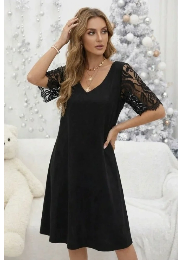 Kadın Kısa Dantel Kollu V Yakalı Midi Viskon Elbise