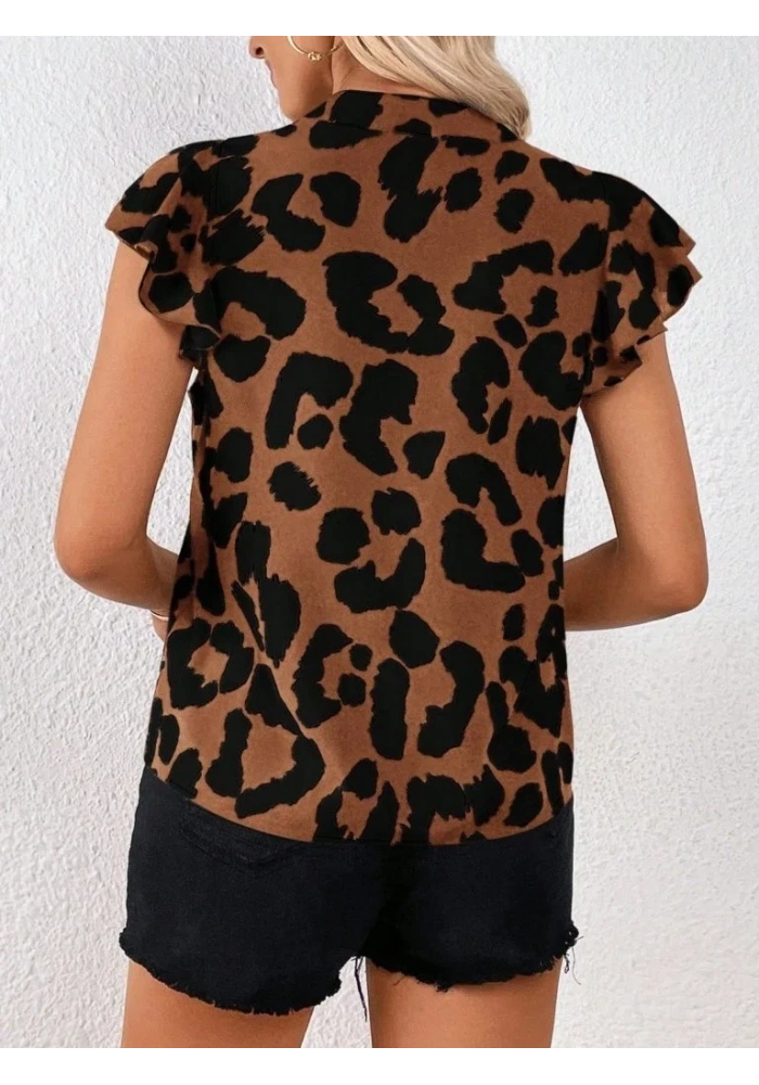 Kadın Kısa Fırfır Kollu V Yakalı Leopar Desenli Süprem Bluz