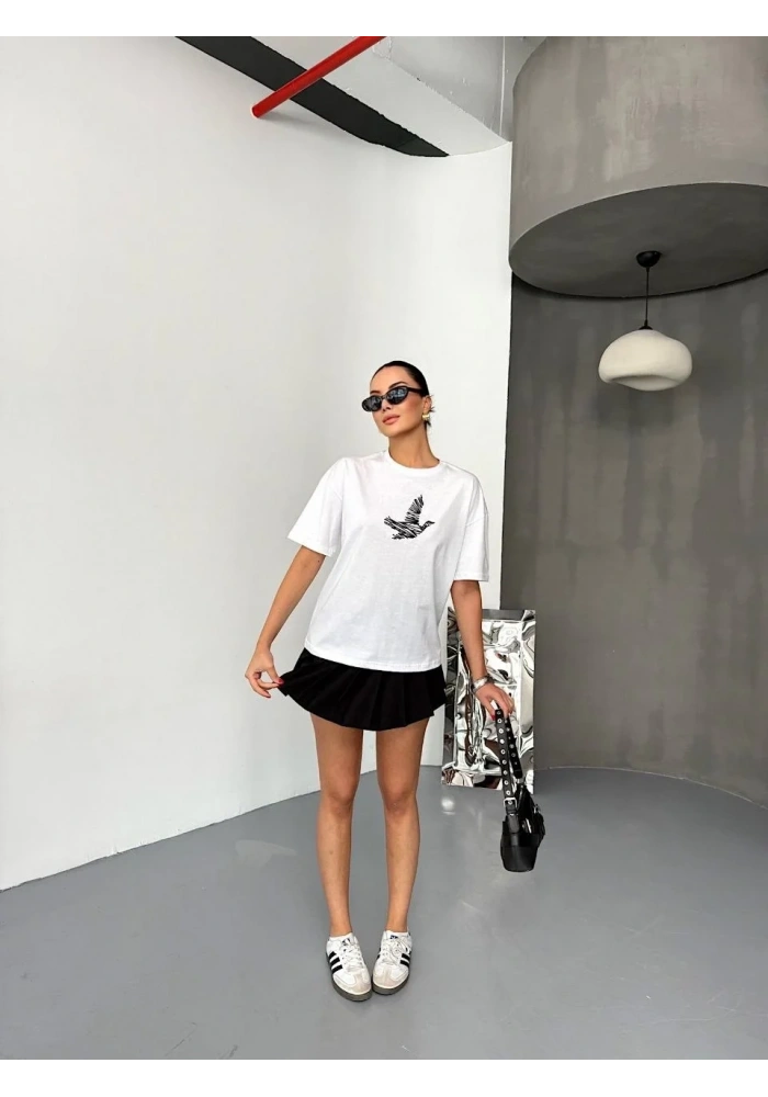 KADIN Baskılı T-Shirt Kısa Kol Bisiklet Yaka Regular Fit Yazlık Tişört - Beyaz