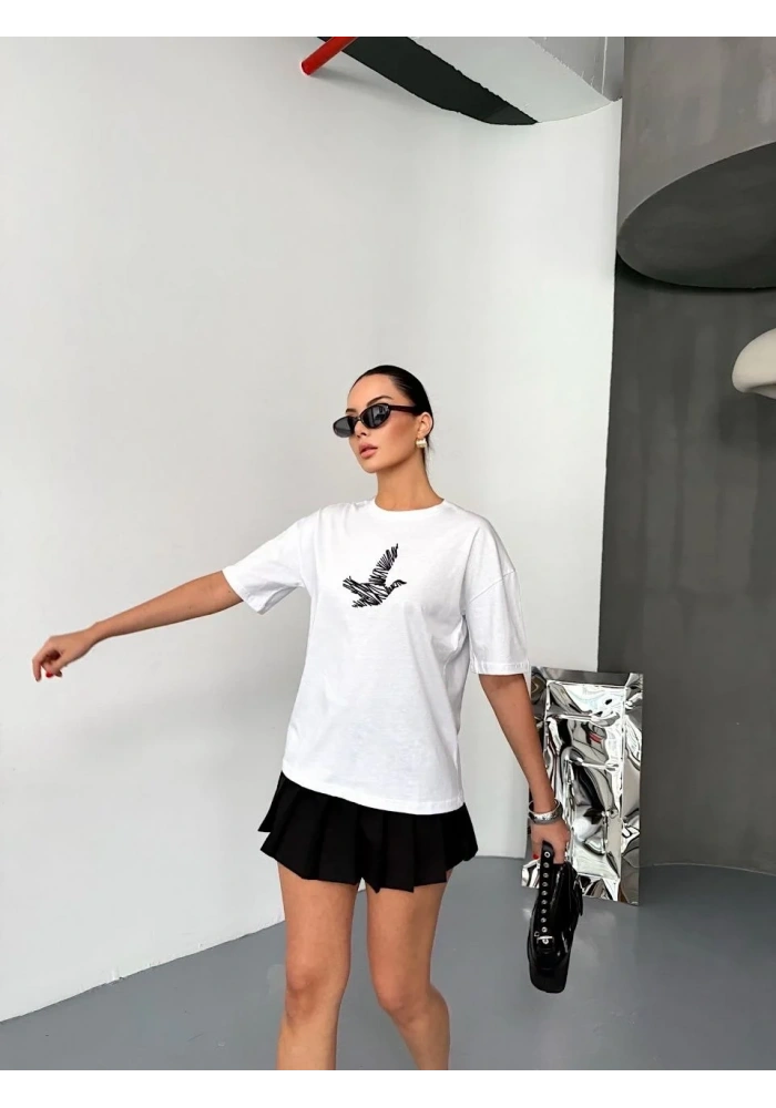 KADIN Baskılı T-Shirt Kısa Kol Bisiklet Yaka Regular Fit Yazlık Tişört - Beyaz