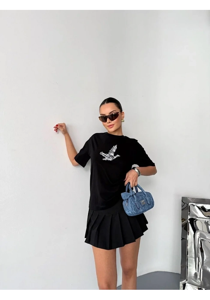 Kadın Kısa Kol Yazlık Tişört Bisiklet Yaka Baskılı Oversize T-Shirt - Siyah