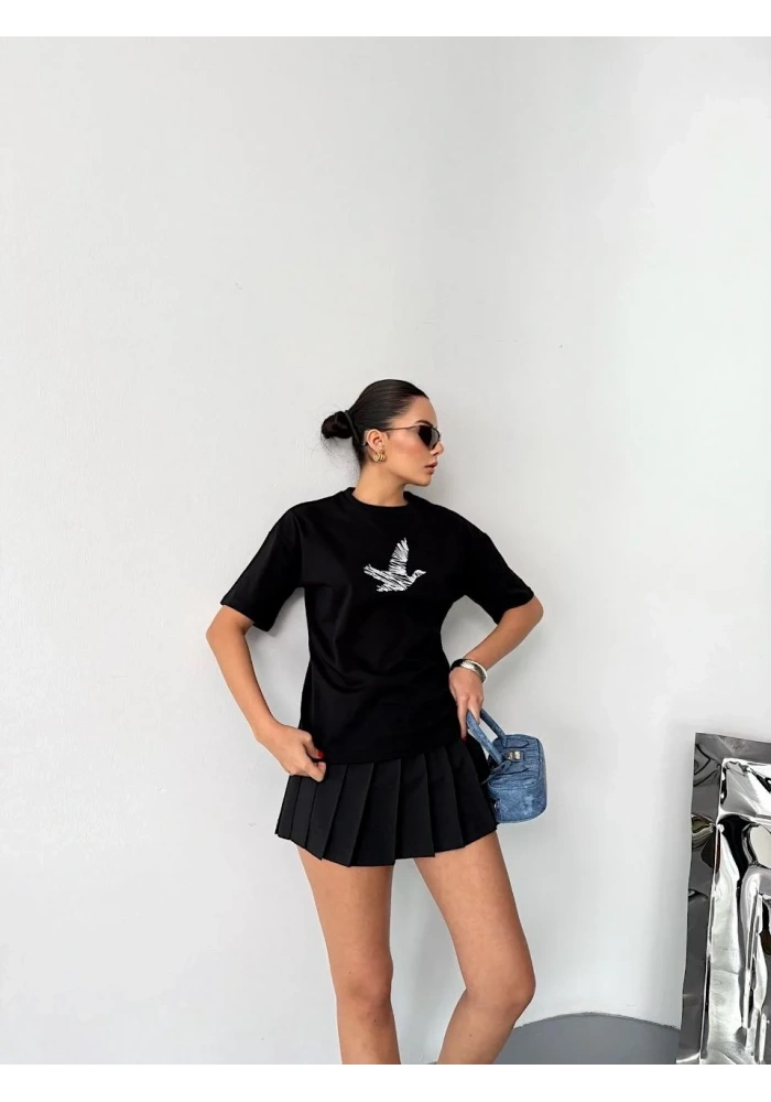 Kadın Kısa Kol Yazlık Tişört Bisiklet Yaka Baskılı Oversize T-Shirt - Siyah