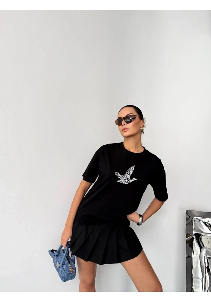 Kadın Kısa Kol Yazlık Tişört Bisiklet Yaka Baskılı Oversize T-Shirt - Siyah