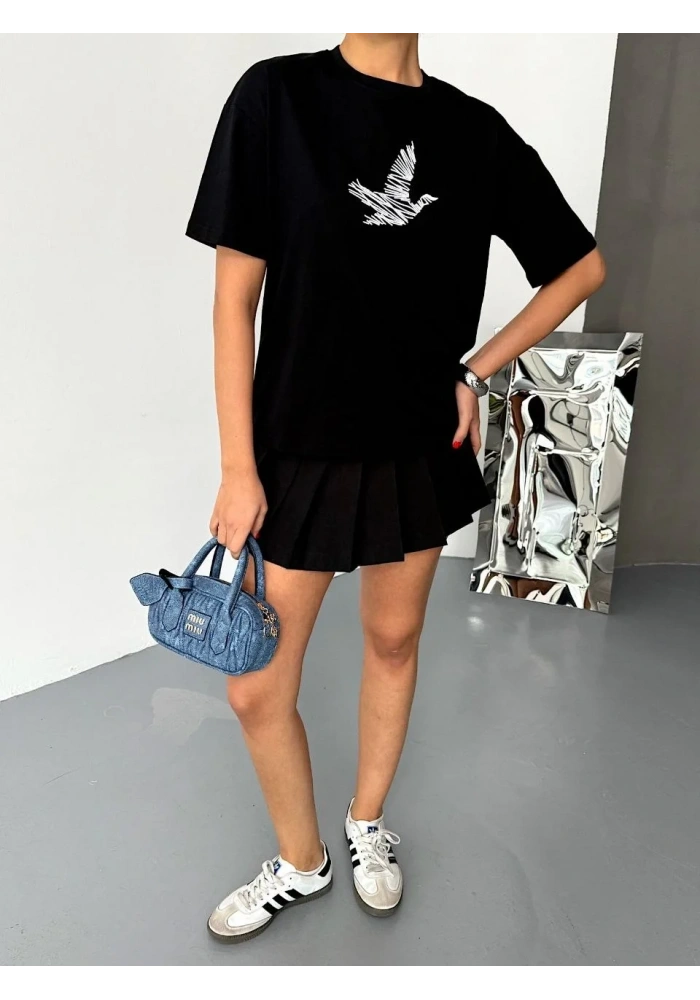 Kadın Kısa Kol Yazlık Tişört Bisiklet Yaka Baskılı Oversize T-Shirt - Siyah