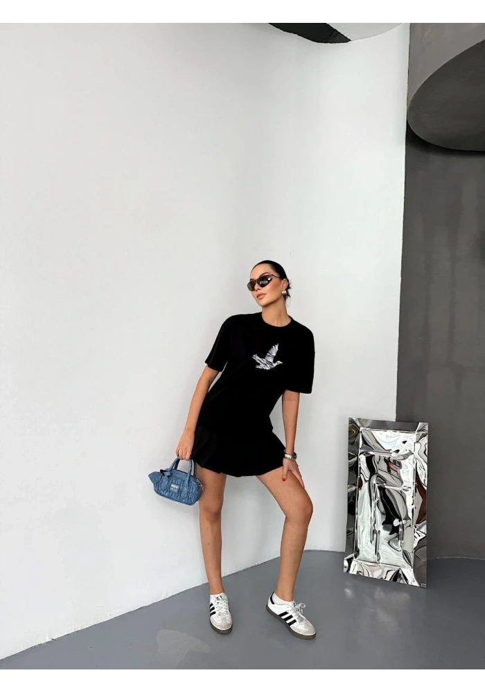 Kadın Kısa Kol Yazlık Tişört Bisiklet Yaka Baskılı Oversize T-Shirt - Siyah