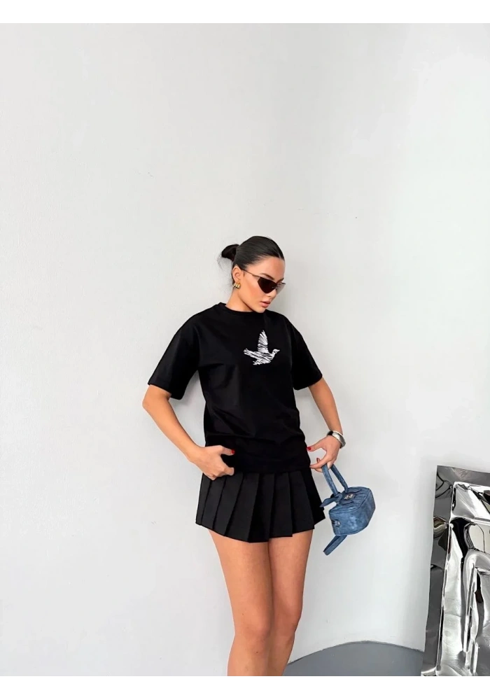 Kadın Kısa Kol Yazlık Tişört Bisiklet Yaka Baskılı Oversize T-Shirt - Siyah