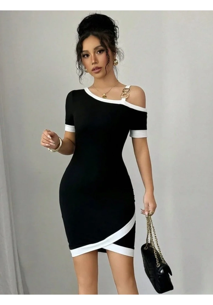 Kadın Kısa Kollu Asimetrik Kesim Yaka şerit Ve Aksesuar Detaylı Modal Elbise