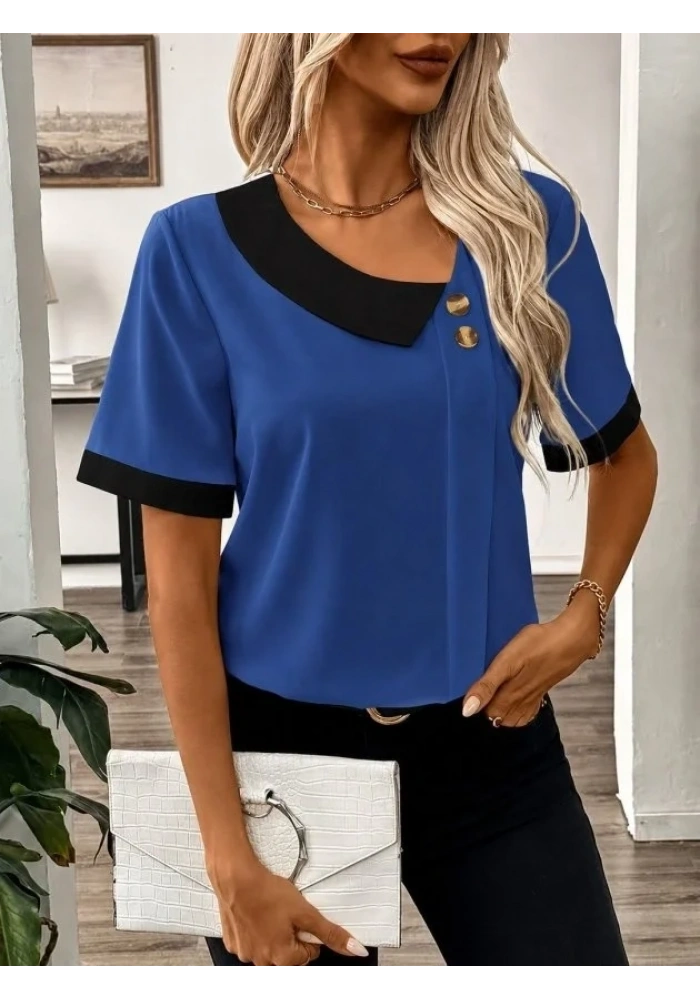 Kadın Kısa Kollu Asımetrik Yaka Detaylı Düğmeli Dubai Bluz