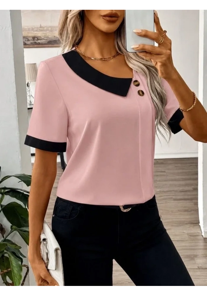 Kadın Kısa Kollu Asımetrik Yaka Detaylı Düğmeli Dubai Bluz
