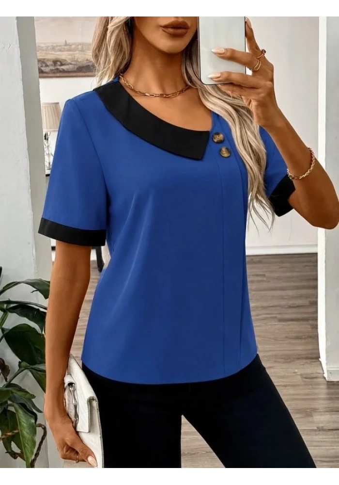Kadın Kısa Kollu Asımetrik Yaka Detaylı Düğmeli Dubai Bluz