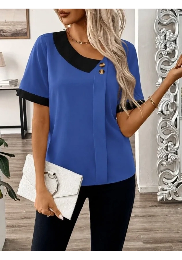 Kadın Kısa Kollu Asımetrik Yaka Detaylı Düğmeli Dubai Bluz