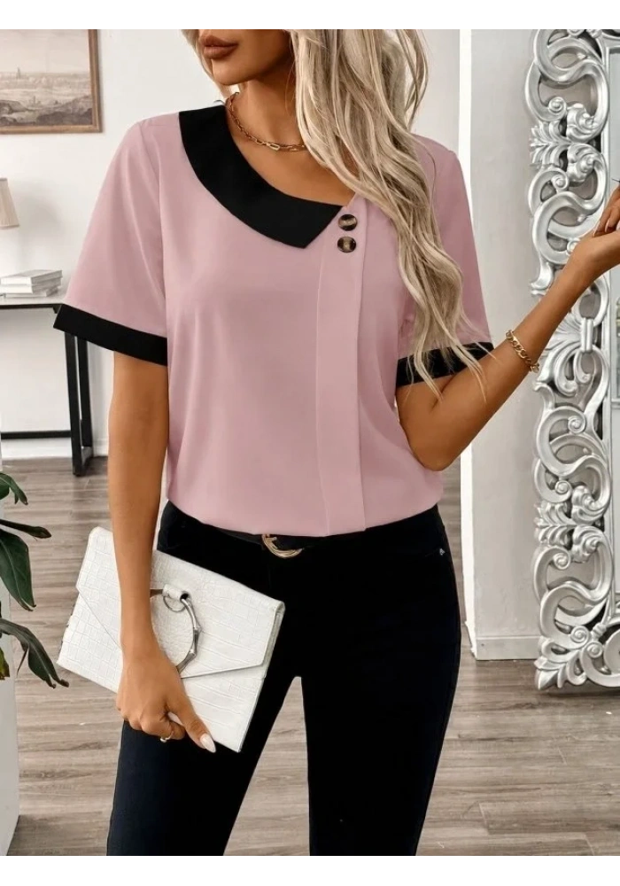 Kadın Kısa Kollu Asımetrik Yaka Detaylı Düğmeli Dubai Bluz