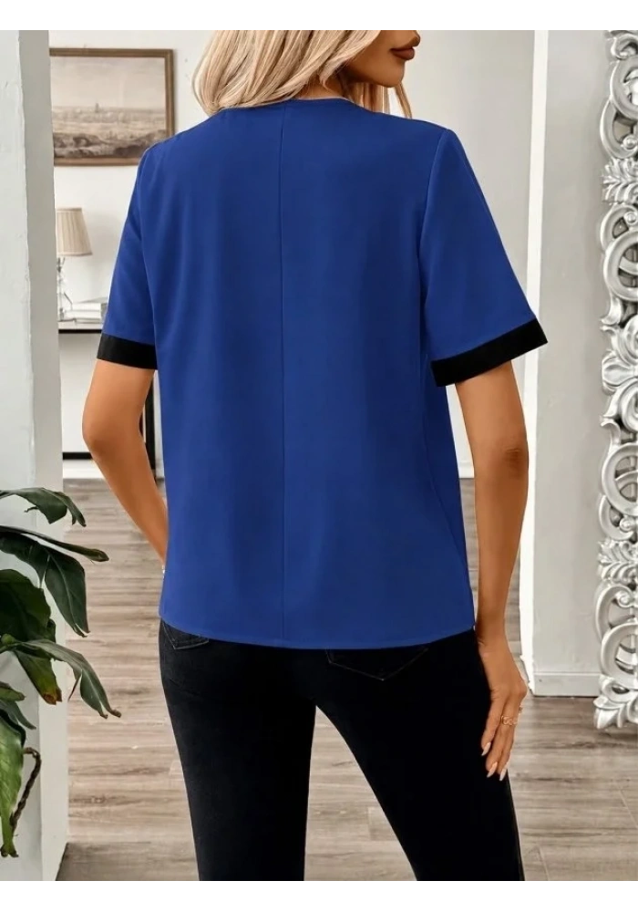 Kadın Kısa Kollu Asımetrik Yaka Detaylı Düğmeli Dubai Bluz