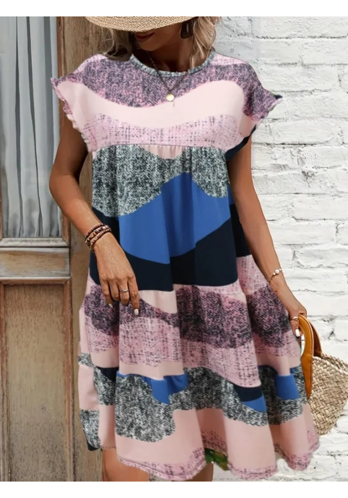 Kadın Kısa Kollu Bisiklet Yaka Kare Desenli Dalgıç Elbise