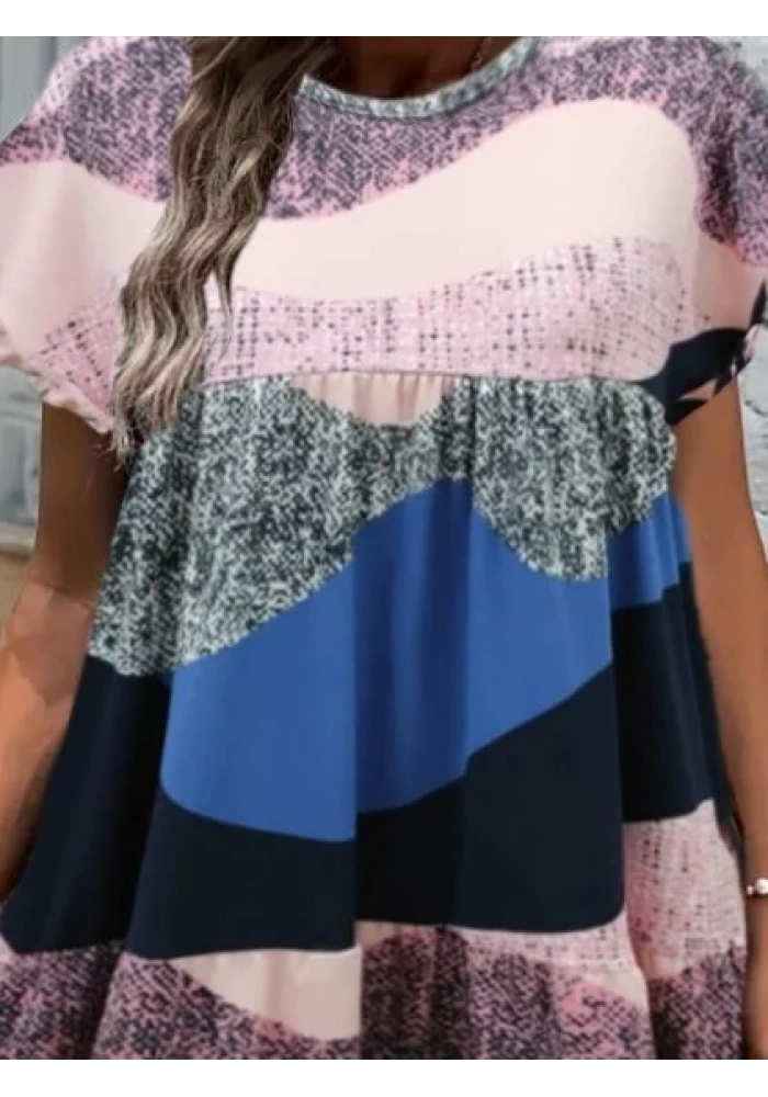 Kadın Kısa Kollu Bisiklet Yaka Kare Desenli Dalgıç Elbise