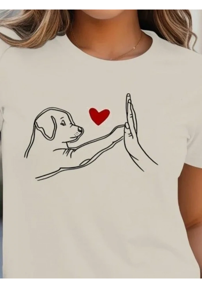 Kadın Kısa Kollu Bisiklet Yaka Köpek Baskılı Viskon Bluz