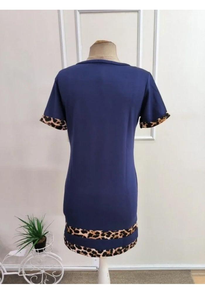 Kadın Kısa Kollu Bisiklet Yaka Leopar şerit Detaylı Kısa Modal Elbise
