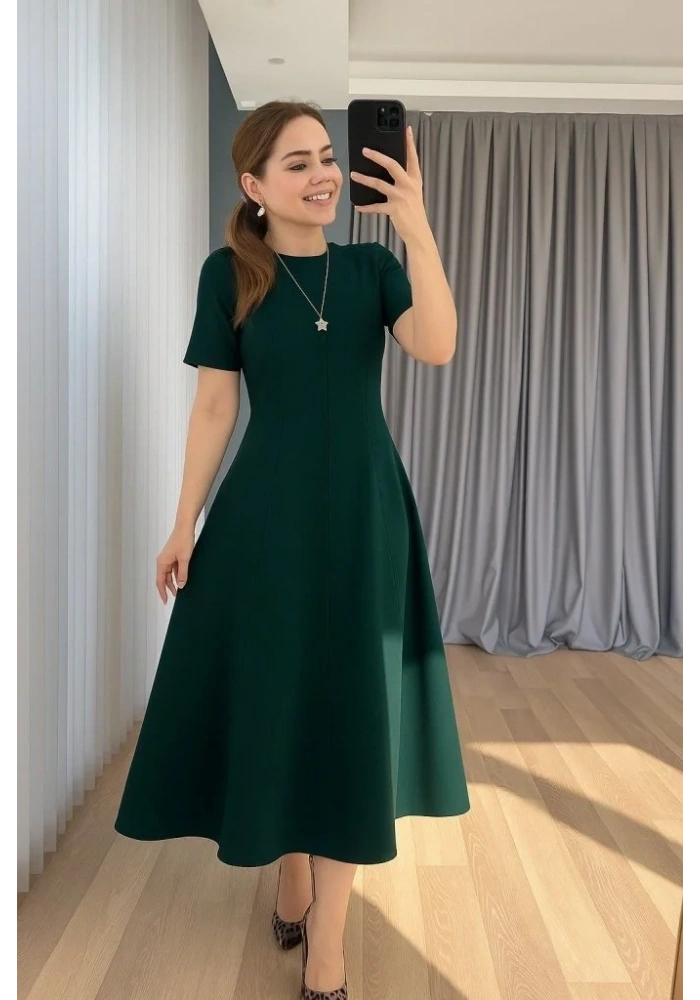 Kadın Kısa Kollu Bisiklet Yaka Maksi Boy Ithal Krep Elbise