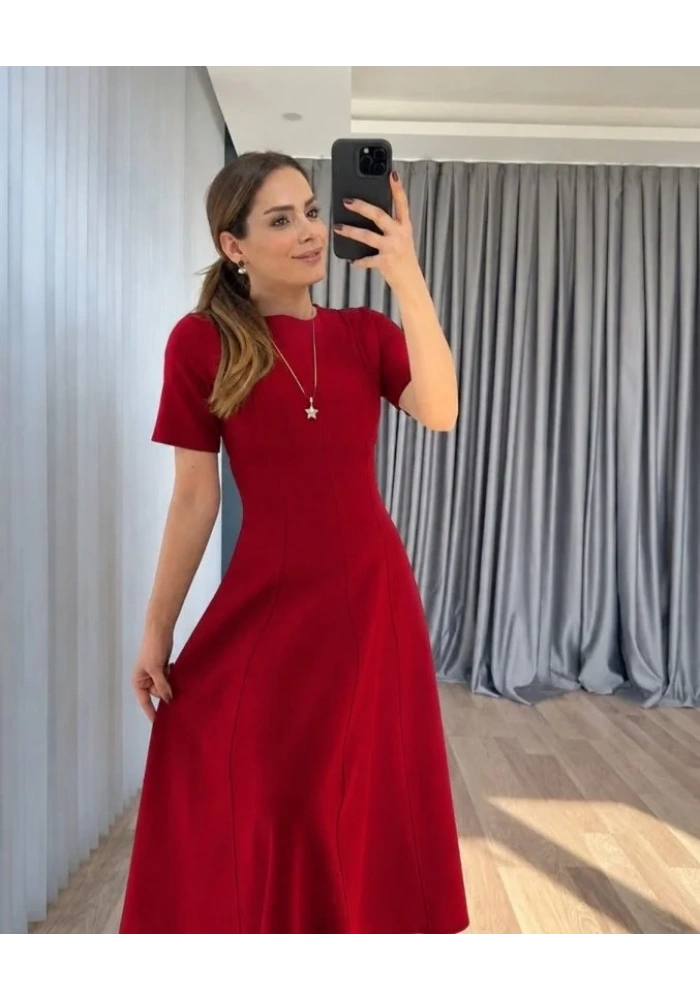 Kadın Kısa Kollu Bisiklet Yaka Maksi Boy Ithal Krep Elbise