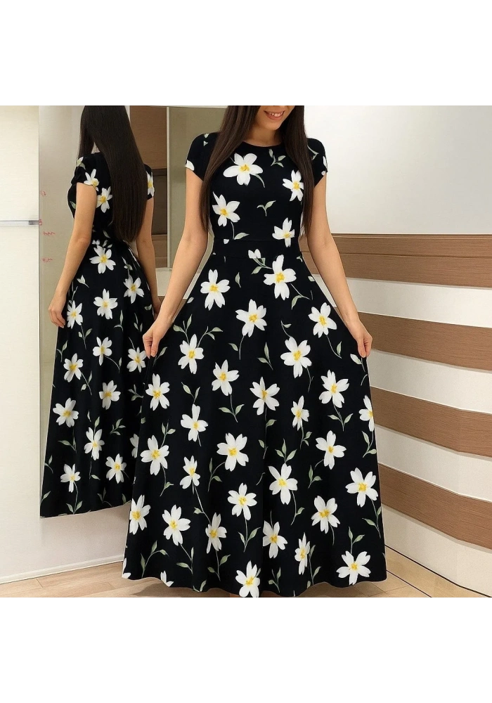 Kadın Kısa Kollu Bisiklet Yaka Puantiyeli Maksi örme Krep Elbise