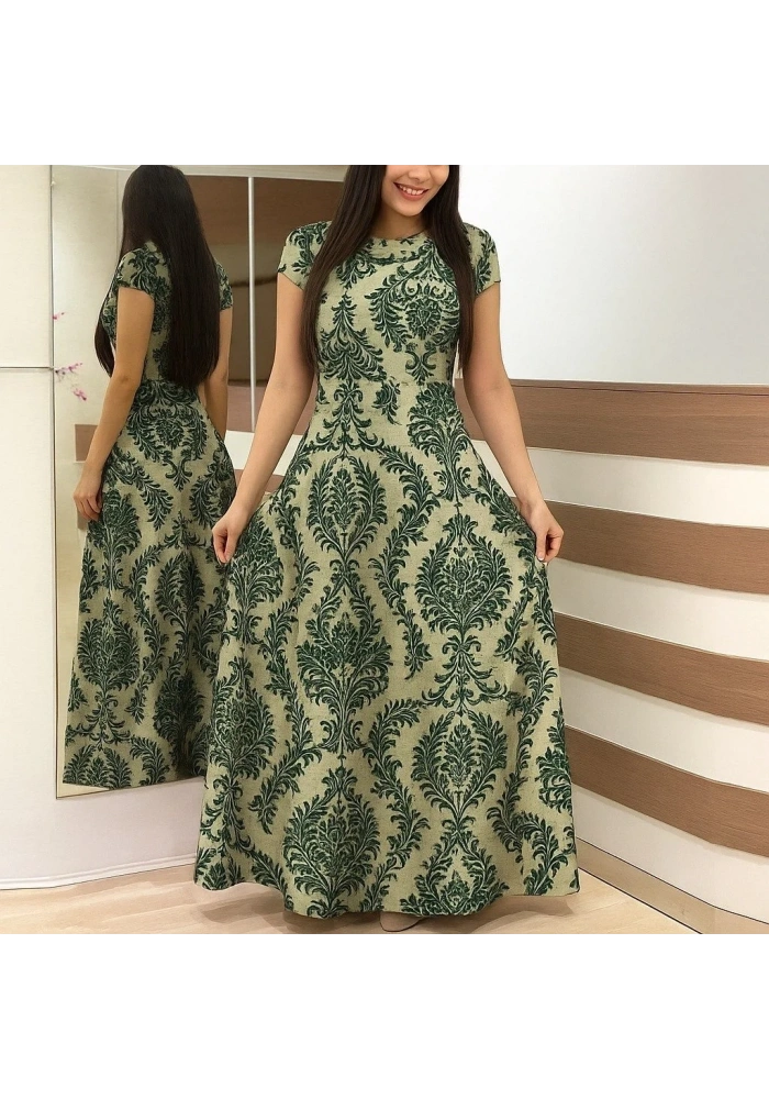 Kadın Kısa Kollu Bisiklet Yaka Puantiyeli Maksi örme Krep Elbise