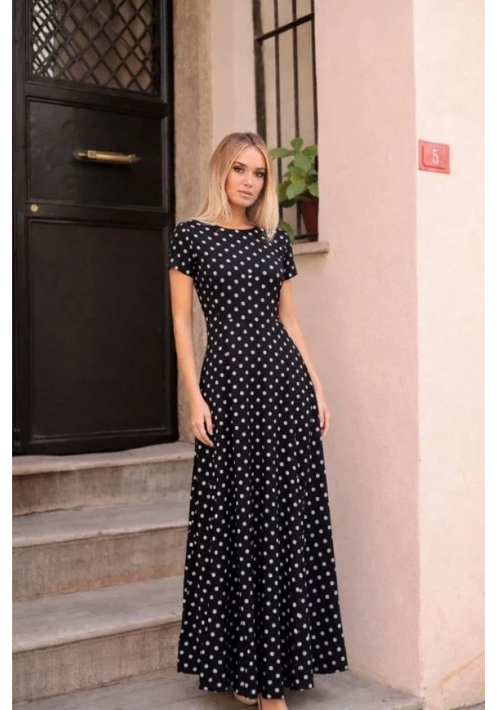 Kadın Kısa Kollu Bisiklet Yaka Puantiyeli Maksi örme Krep Elbise