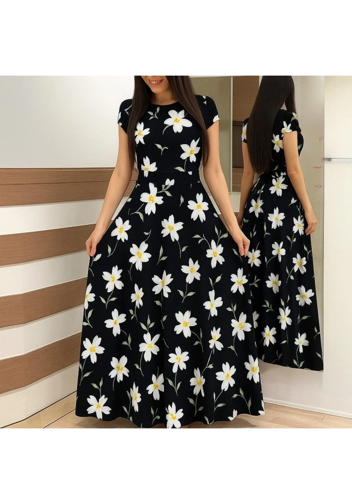 Kadın Kısa Kollu Bisiklet Yaka Puantiyeli Maksi örme Krep Elbise