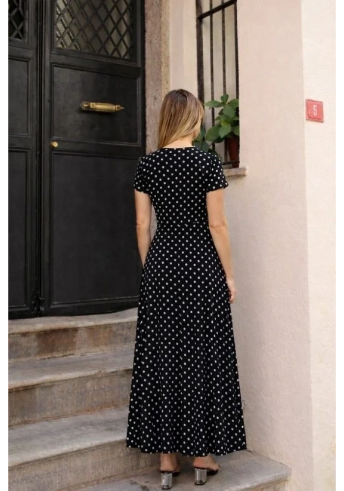 Kadın Kısa Kollu Bisiklet Yaka Puantiyeli Maksi örme Krep Elbise