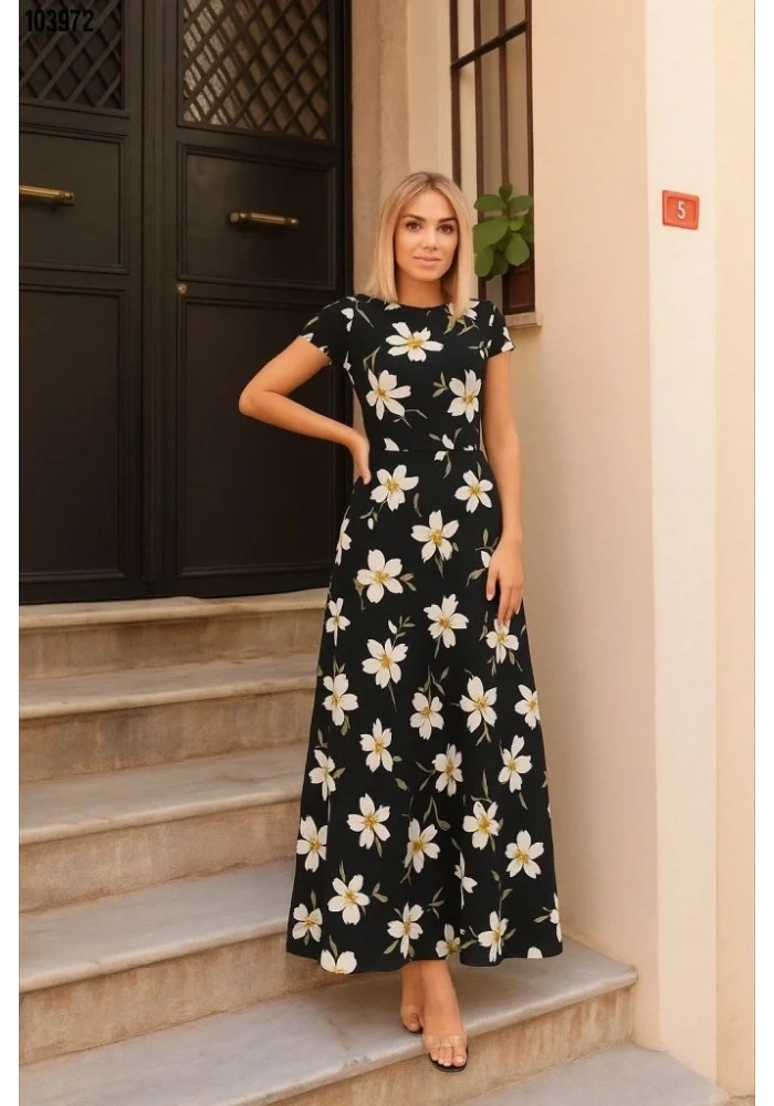 Kadın Kısa Kollu Bisiklet Yaka Puantiyeli Maksi örme Krep Elbise