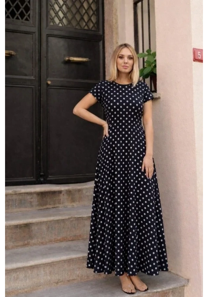 Kadın Kısa Kollu Bisiklet Yaka Puantiyeli Maksi örme Krep Elbise