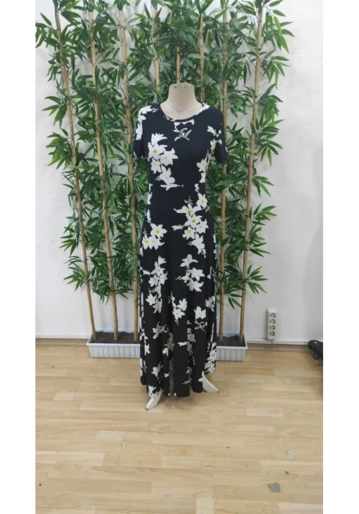 Kadın Kısa Kollu Bisiklet Yaka Puantiyeli Maksi örme Krep Elbise