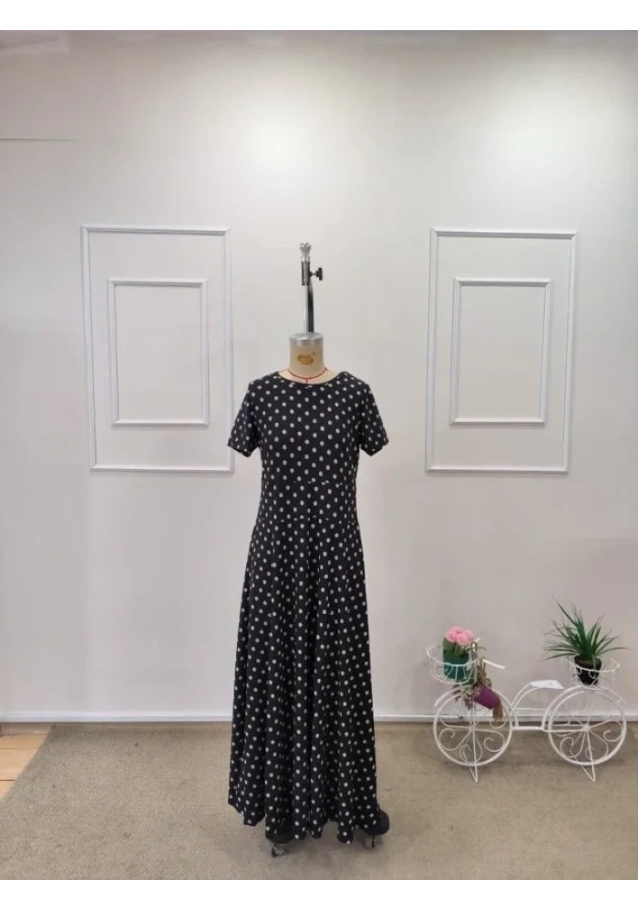 Kadın Kısa Kollu Bisiklet Yaka Puantiyeli Maksi örme Krep Elbise