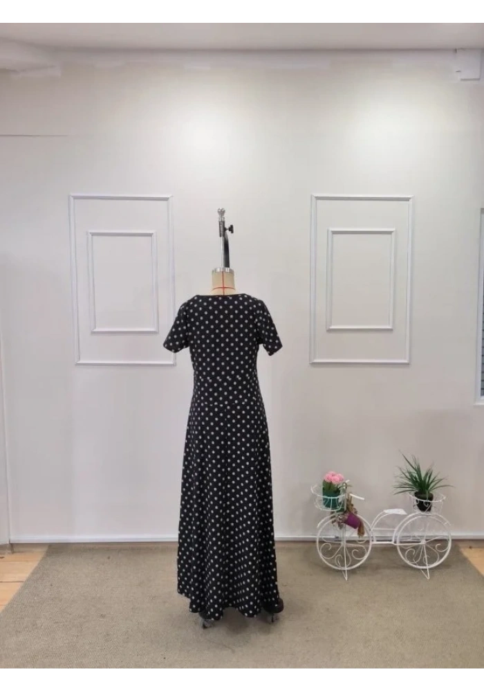 Kadın Kısa Kollu Bisiklet Yaka Puantiyeli Maksi örme Krep Elbise