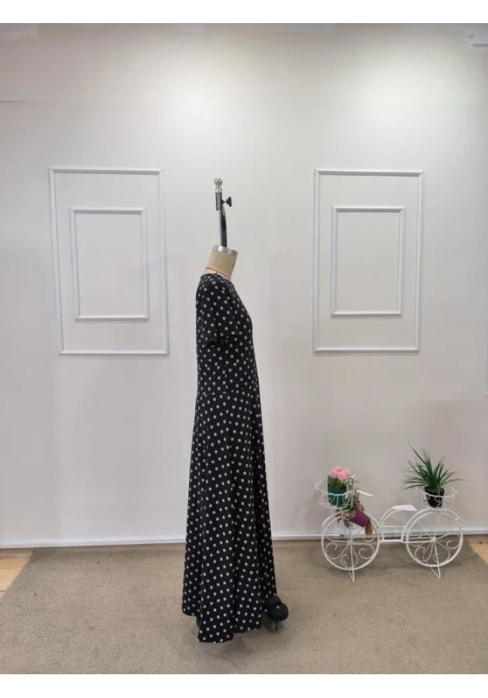 Kadın Kısa Kollu Bisiklet Yaka Puantiyeli Maksi örme Krep Elbise