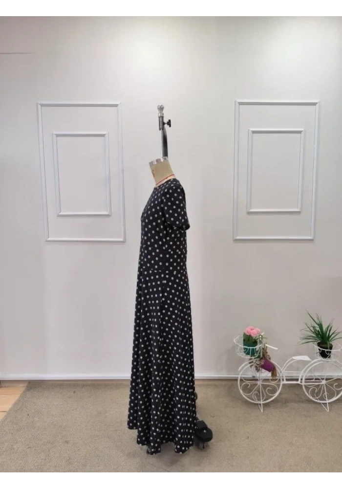 Kadın Kısa Kollu Bisiklet Yaka Puantiyeli Maksi örme Krep Elbise