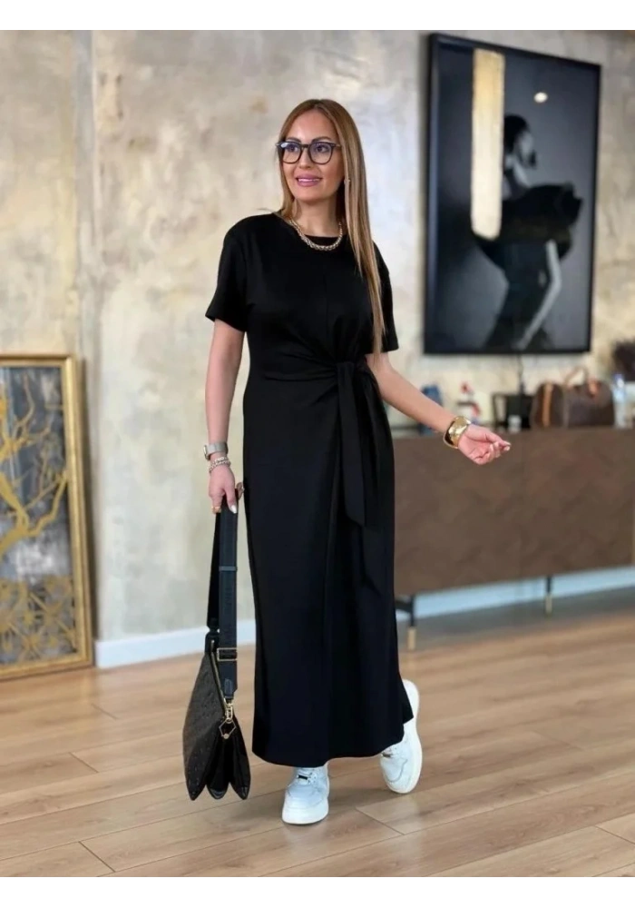 Kadın Kısa Kollu Bisiklet Yaka Yandan Bağlamalı Viskon Iki Iplik Elbise