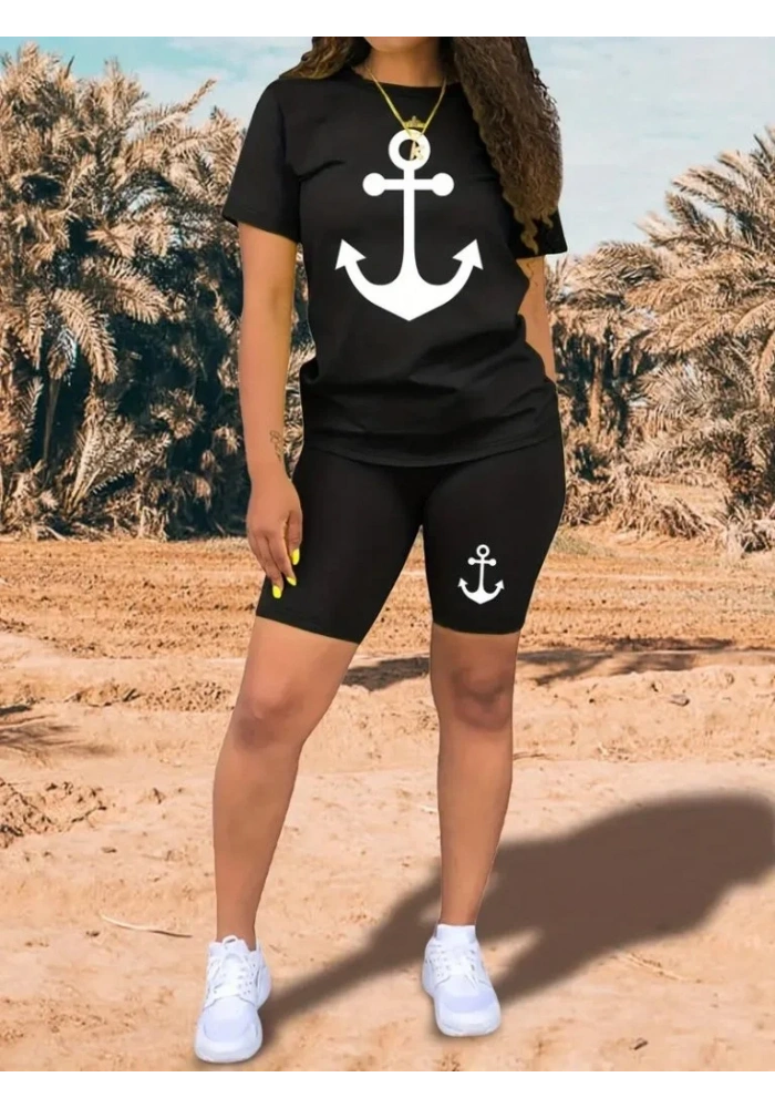 Kadın Kısa Kollu çapa Baskılı Viskon Ikili Takım