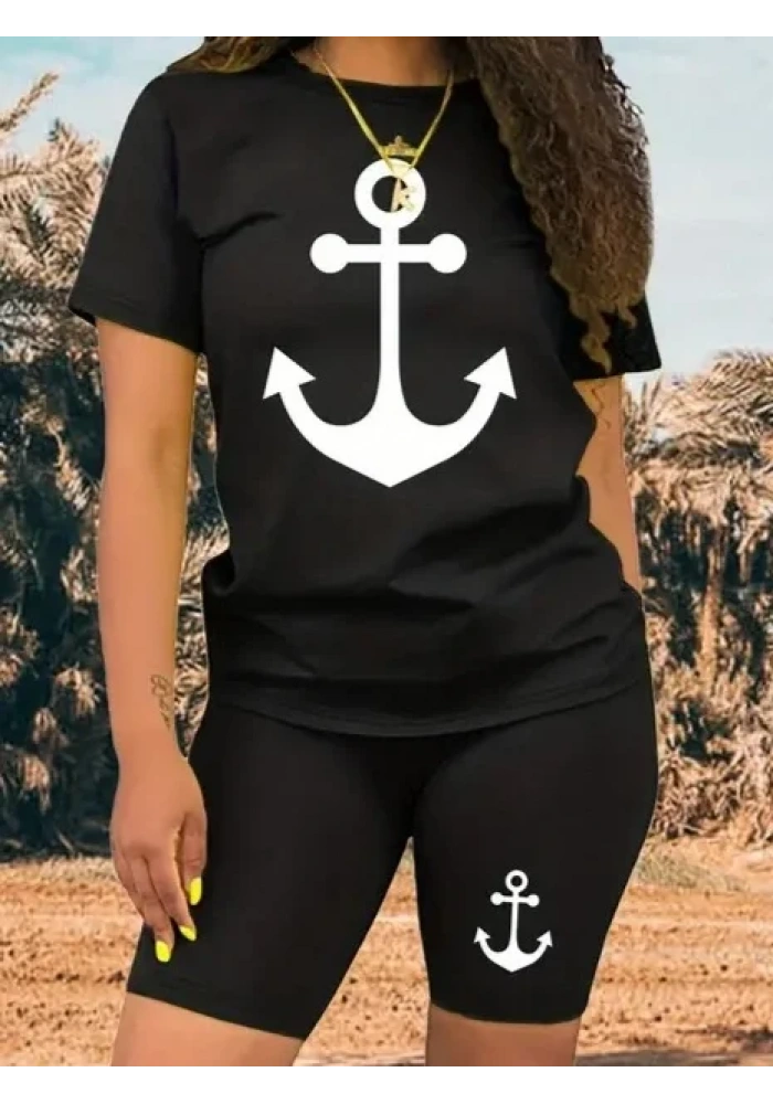 Kadın Kısa Kollu çapa Baskılı Viskon Ikili Takım