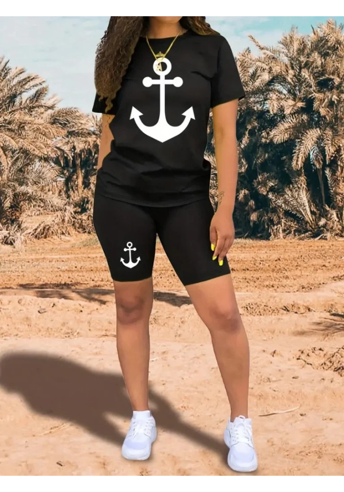 Kadın Kısa Kollu çapa Baskılı Viskon Ikili Takım