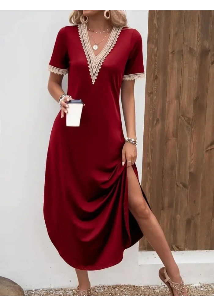 Kadın Kısa Kollu Dantel V Yakalı Uzun Viskon Elbise