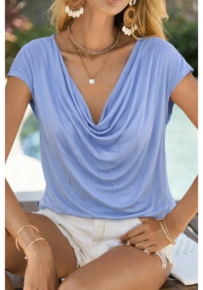 Kadın Kısa Kollu Degaje Yakalı Viskon Bluz