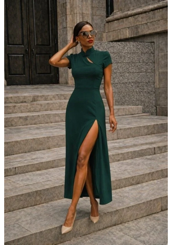Kadın Kısa Kollu Hakim Yakalı Yırtmaçlı Midi Ithal Krep Elbise