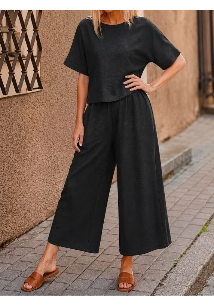 Kadın Kısa Kollu Kayık Yakalı Bluz Ve Pantolon Ikili Takım