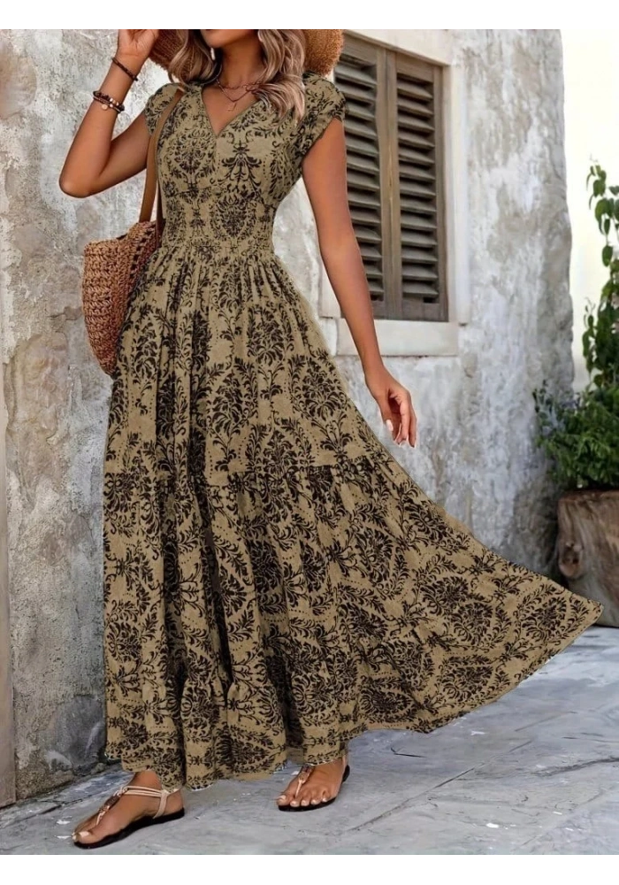 Kadın Kısa Kollu Kruvaze Yaka Beli Lastikli Süprem Maksi Boy Elbise