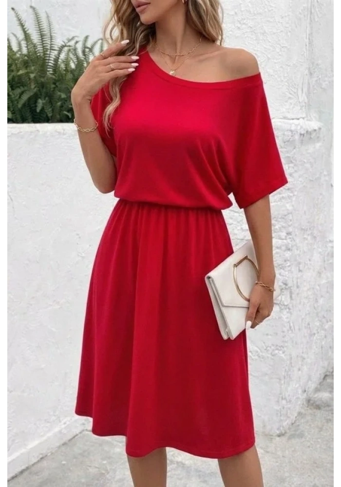 Kadın Kısa Kollu Omuzdan Açık Kiloş Midi Viskon Elbise