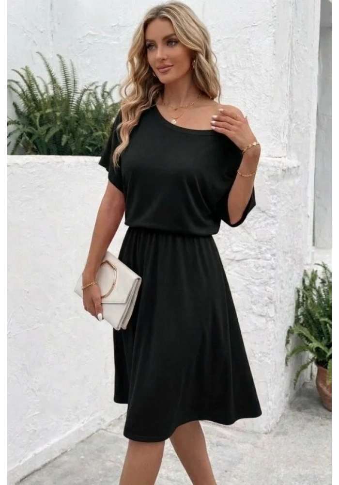 Kadın Kısa Kollu Omuzdan Açık Kiloş Midi Viskon Elbise